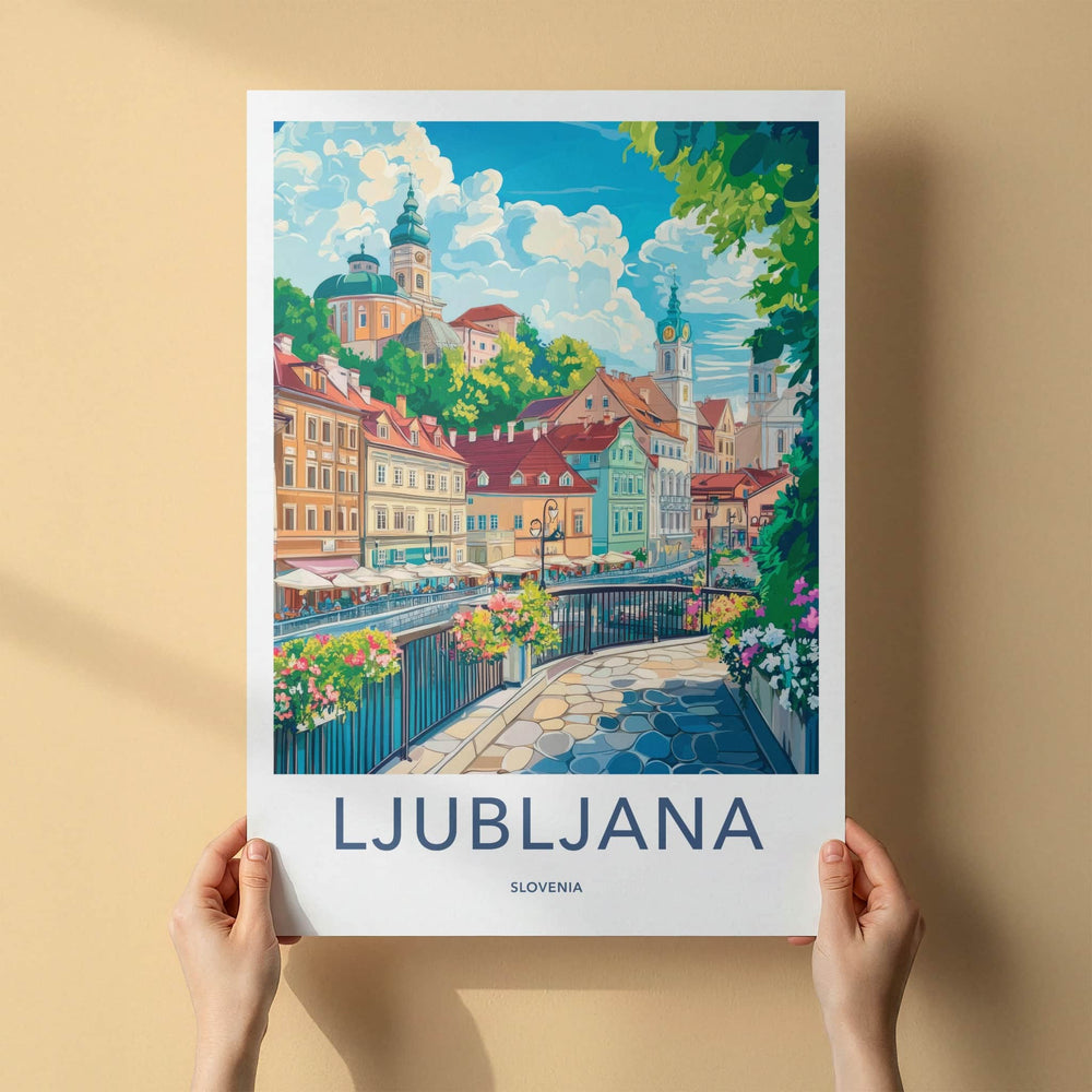 Ljubljana Poster - Slovenia Travel Art - Colorful riverside buildings Home Decor