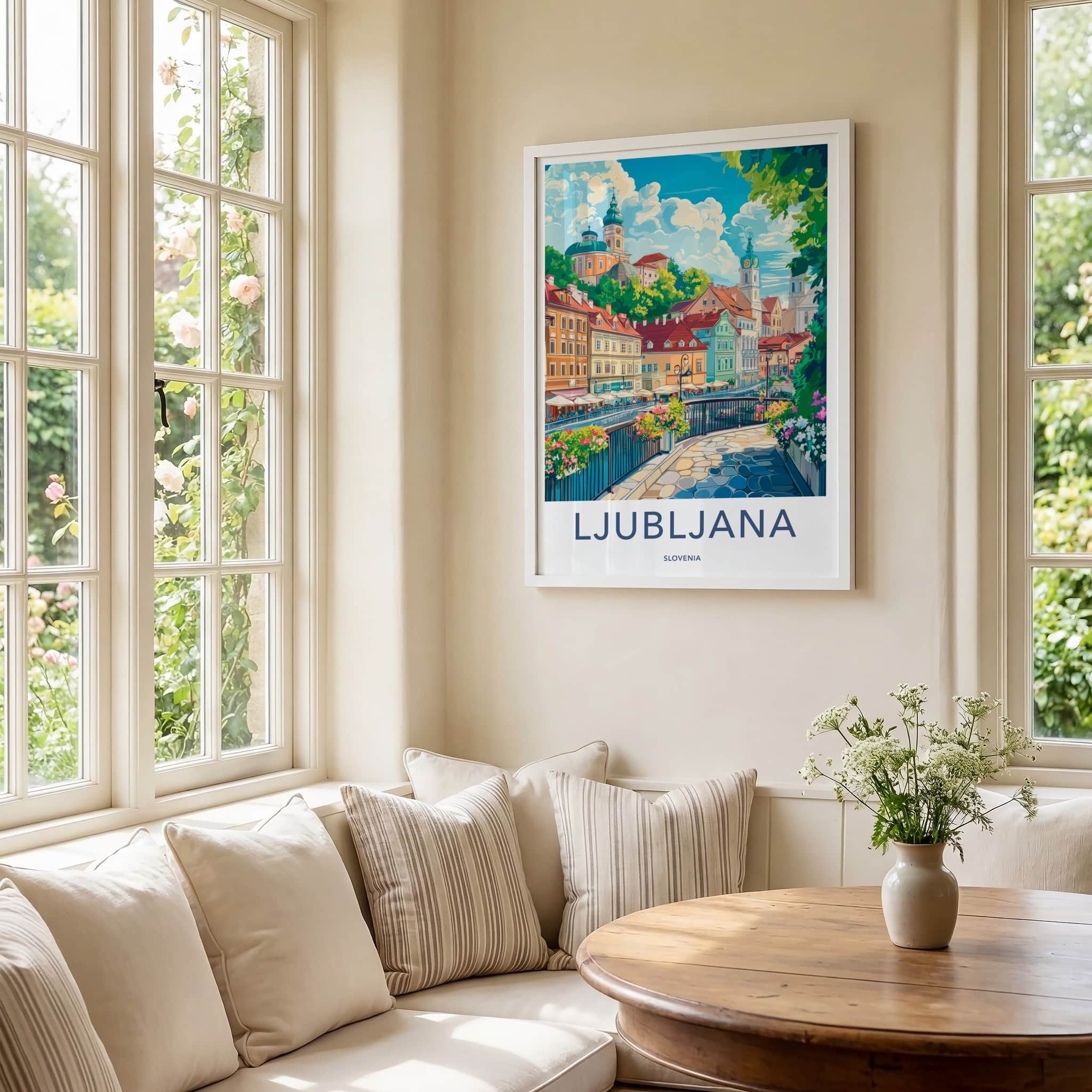 Ljubljana Poster - Slovenia Travel Art - Colorful riverside buildings Home Decor