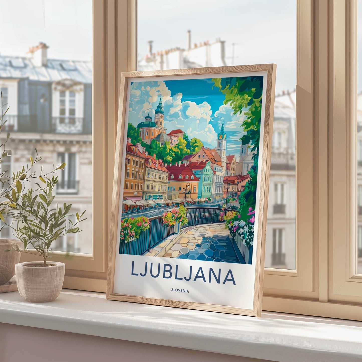 Ljubljana Poster - Slovenia Travel Art - Colorful riverside buildings Home Decor