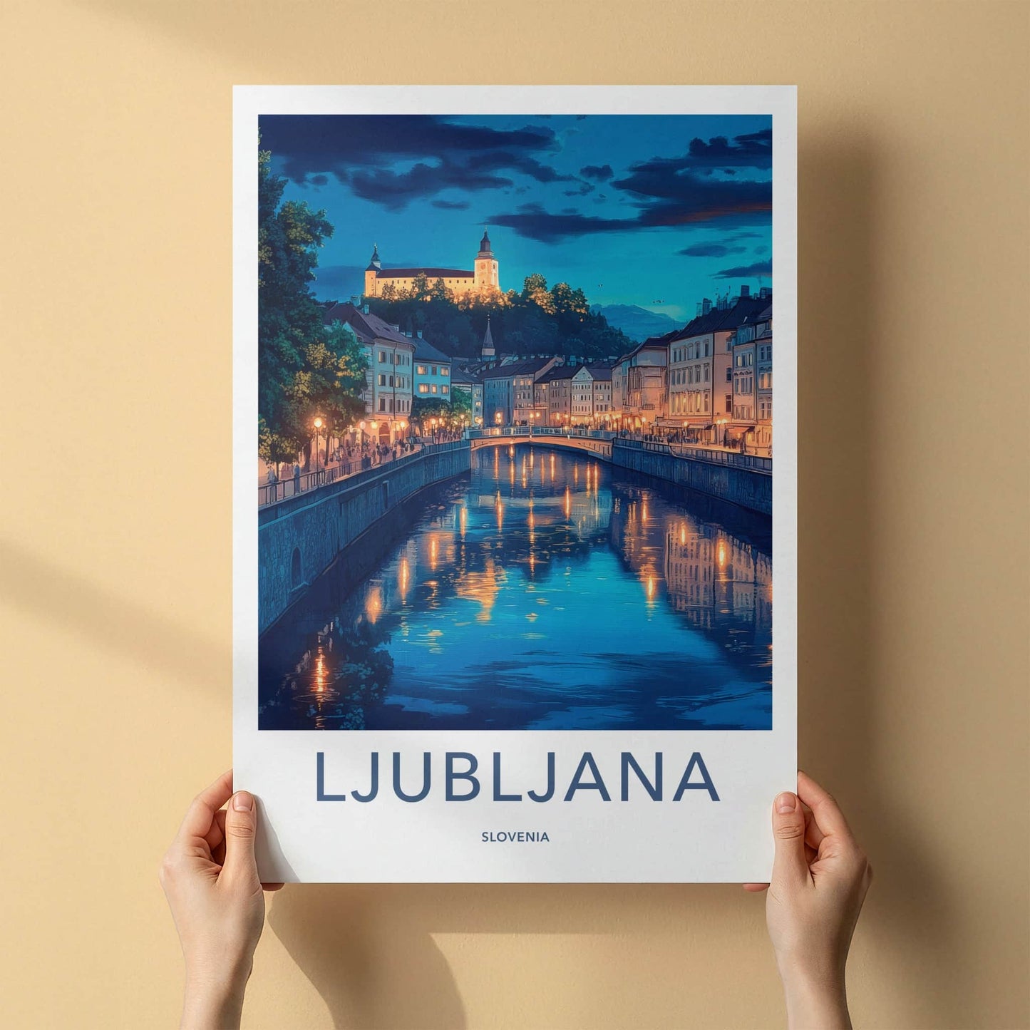 Ljubljana Poster - Slovenia Travel Art - Night River Lights Home Decor