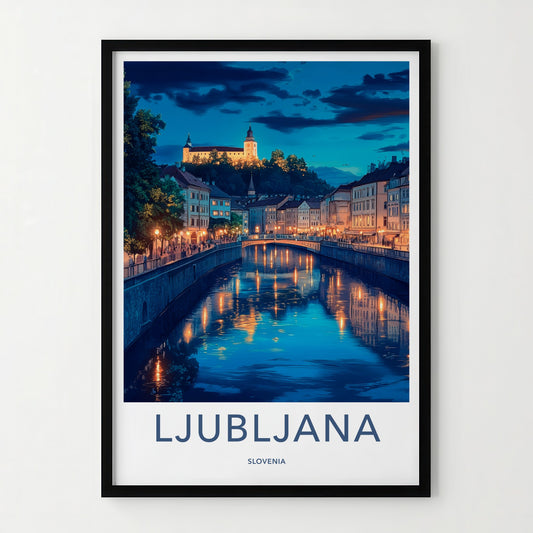 Ljubljana Poster - Slovenia Travel Art - Night River Lights Home Decor
