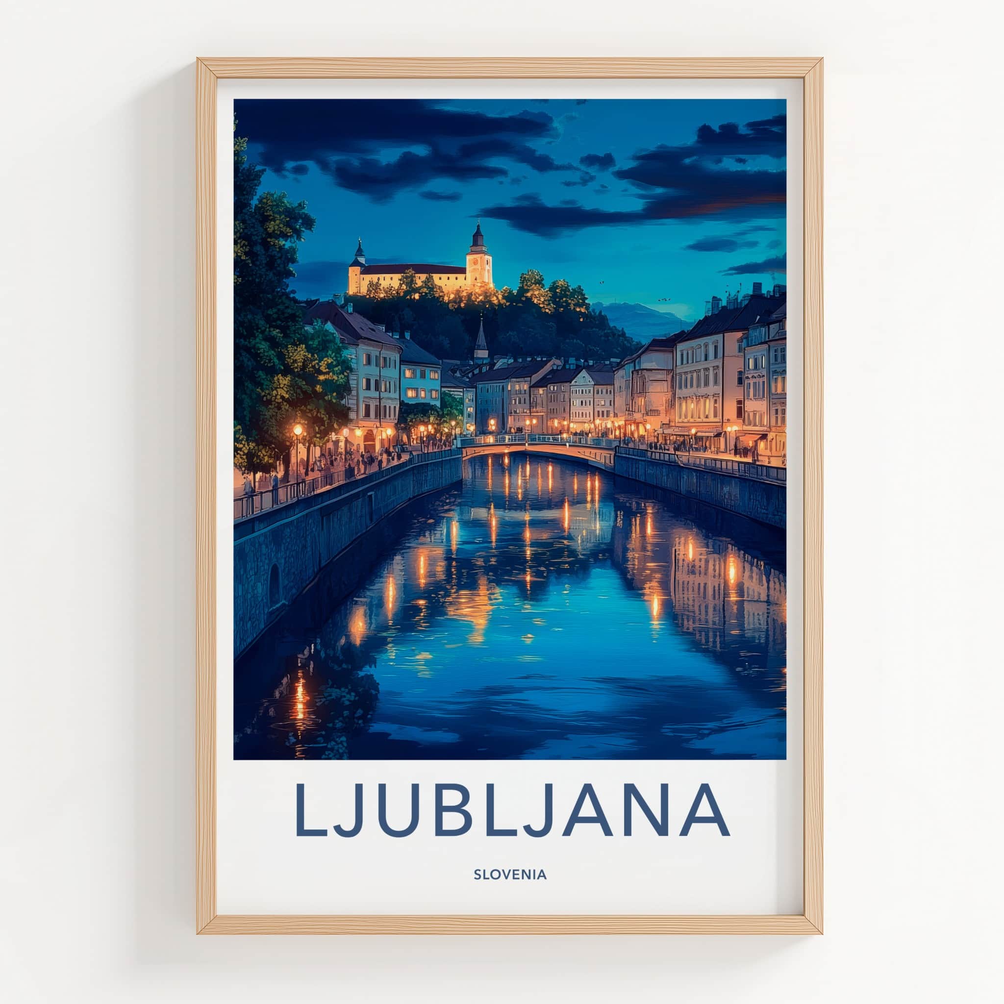 Ljubljana Poster - Slovenia Travel Art - Night River Lights Home Decor