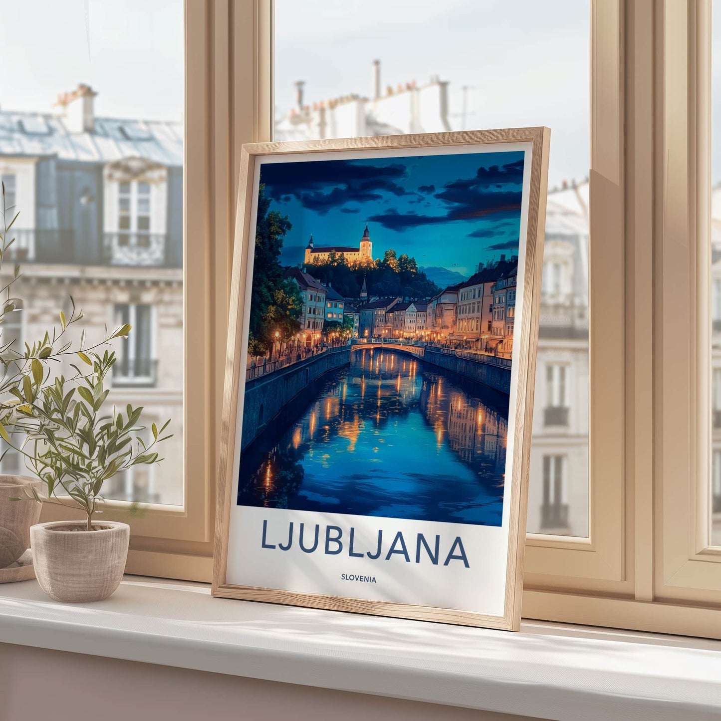 Ljubljana Poster - Slovenia Travel Art - Night River Lights Home Decor