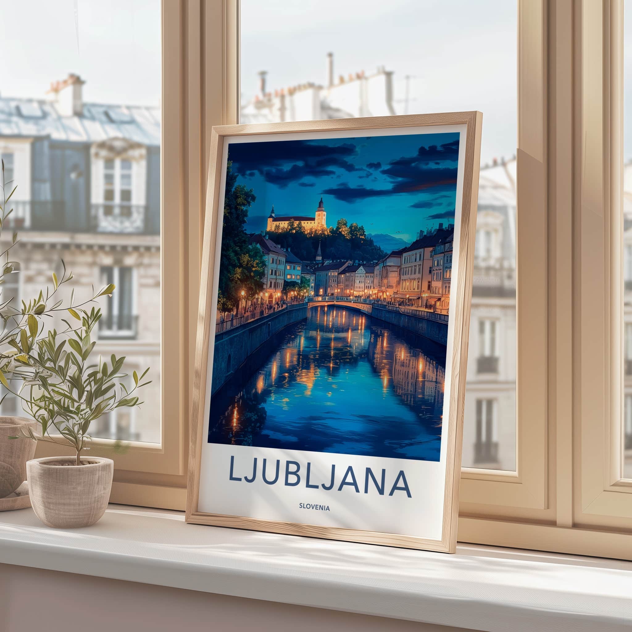 Ljubljana Poster - Slovenia Travel Art - Night River Lights Home Decor