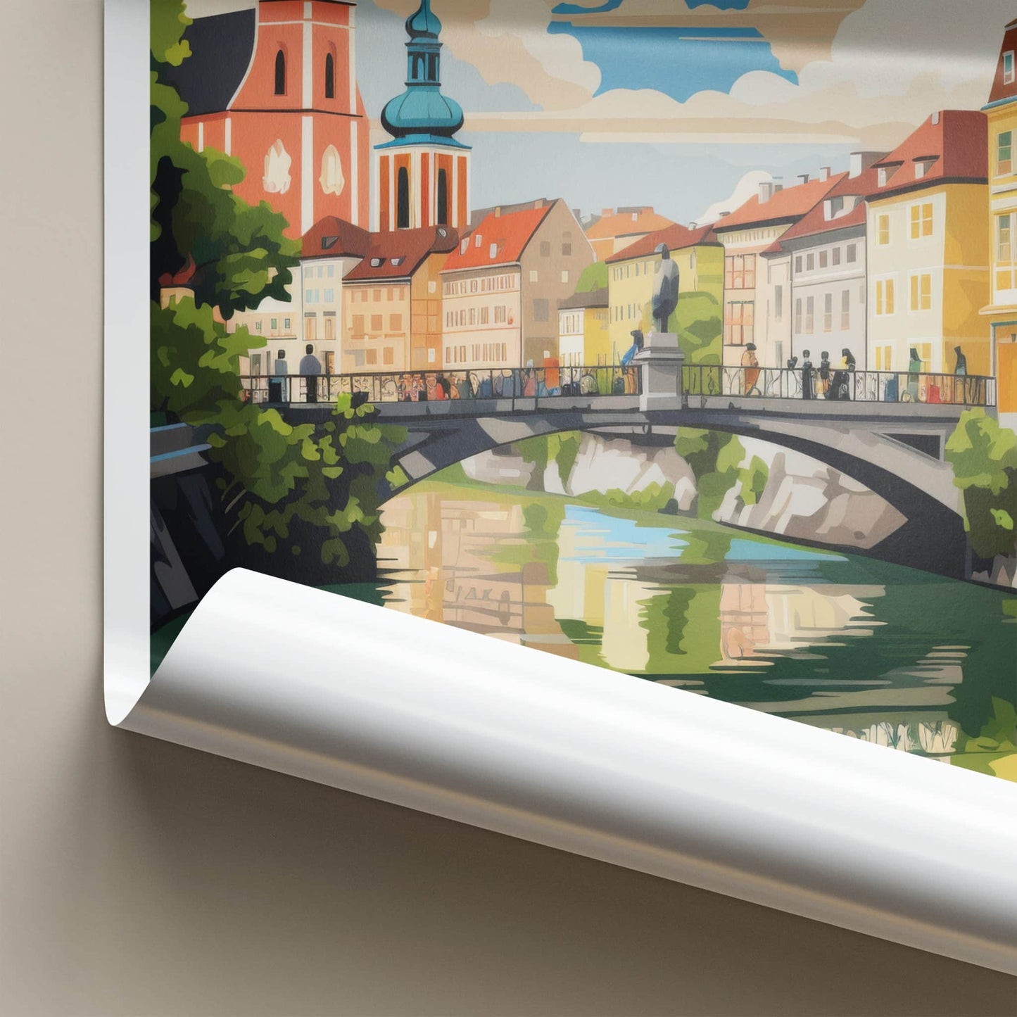 Ljubljana Poster - Slovenia Travel Art - Riverside Urban Scene Home Decor
