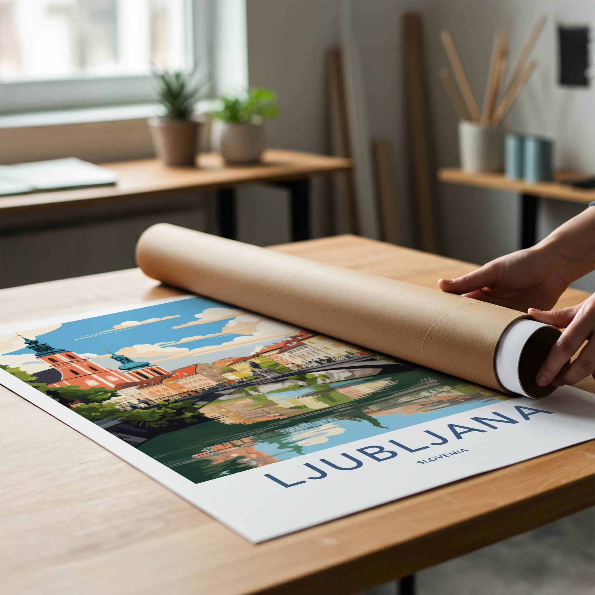 Ljubljana Poster - Slovenia Travel Art - Riverside Urban Scene Home Decor