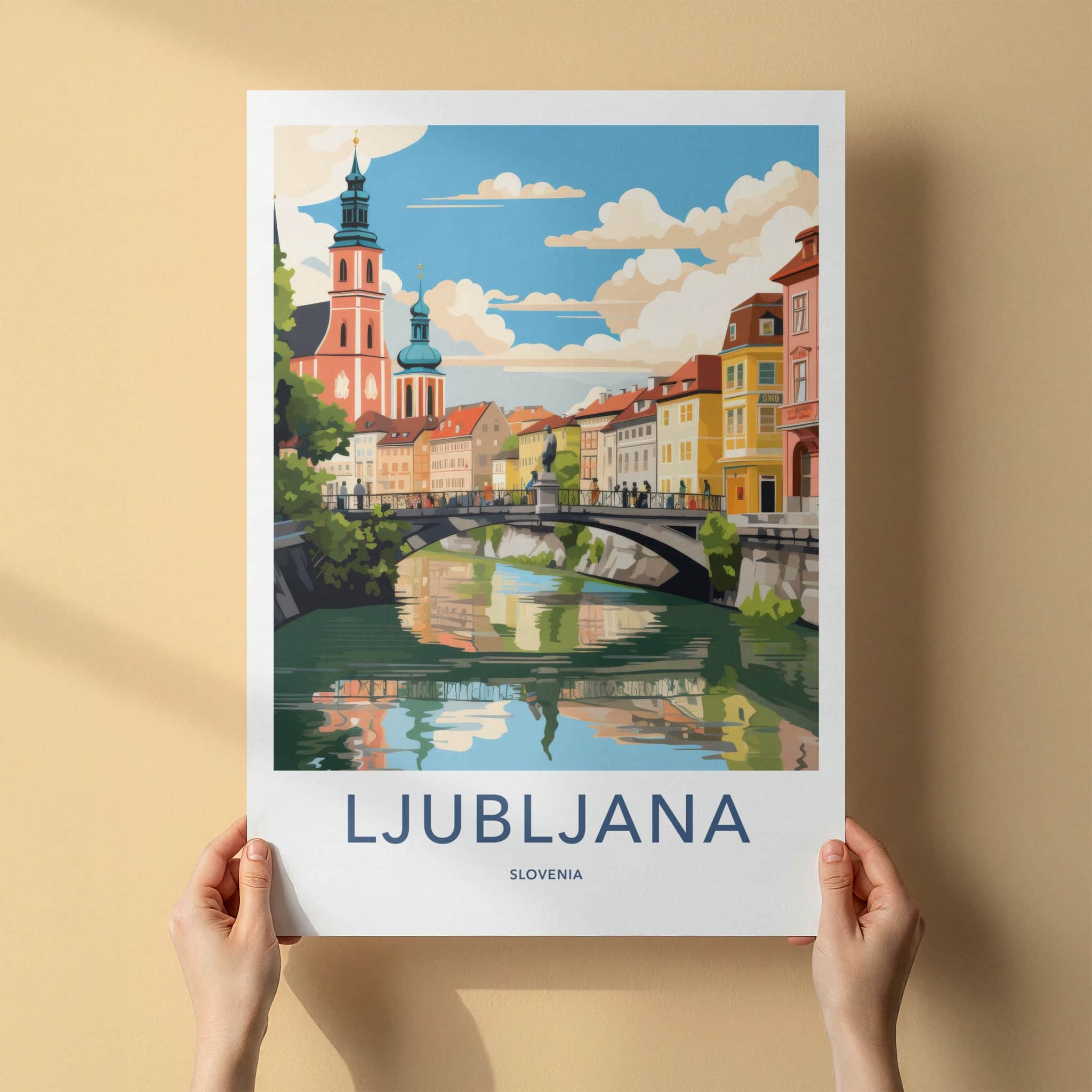 Ljubljana Poster - Slovenia Travel Art - Riverside Urban Scene Home Decor