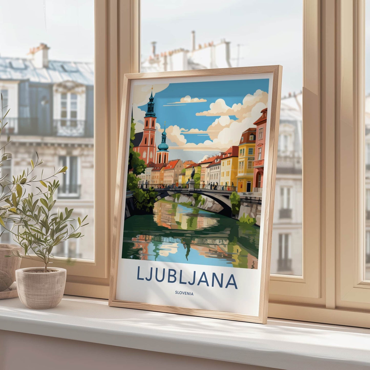 Ljubljana Poster - Slovenia Travel Art - Riverside Urban Scene Home Decor