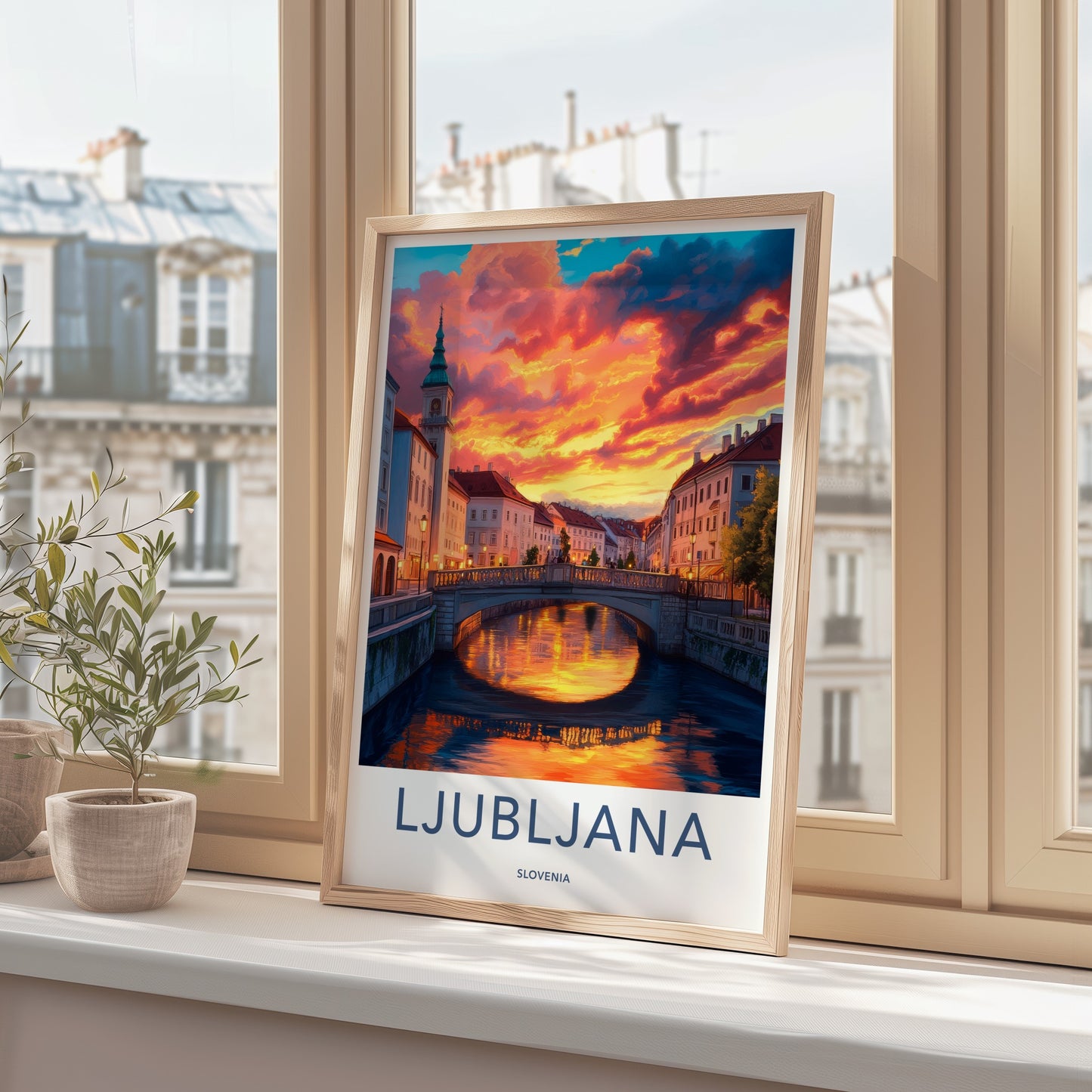 Ljubljana Poster - Slovenia Travel Print - Vibrant River Sunset Framed Decor