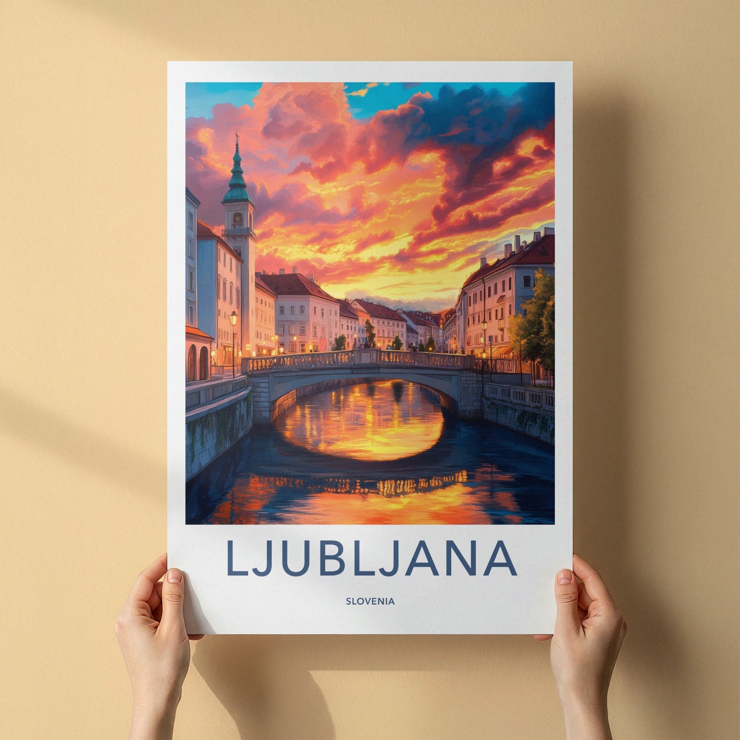 Ljubljana Poster - Slovenia Travel Print - Vibrant River Sunset Framed Decor