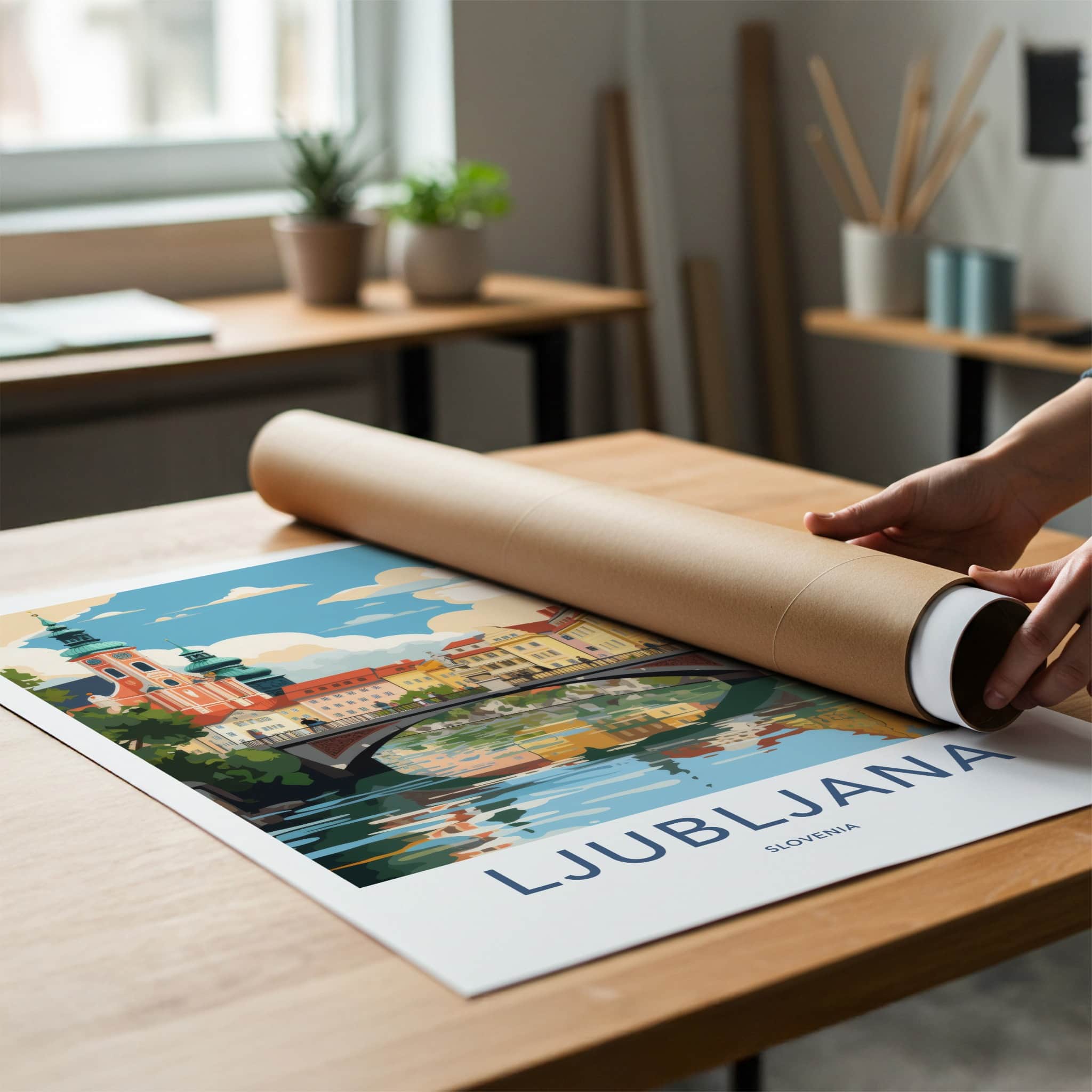 Ljubljana Poster - Slovenia Wall Art - Riverfront Cityscape Scene Home Decor