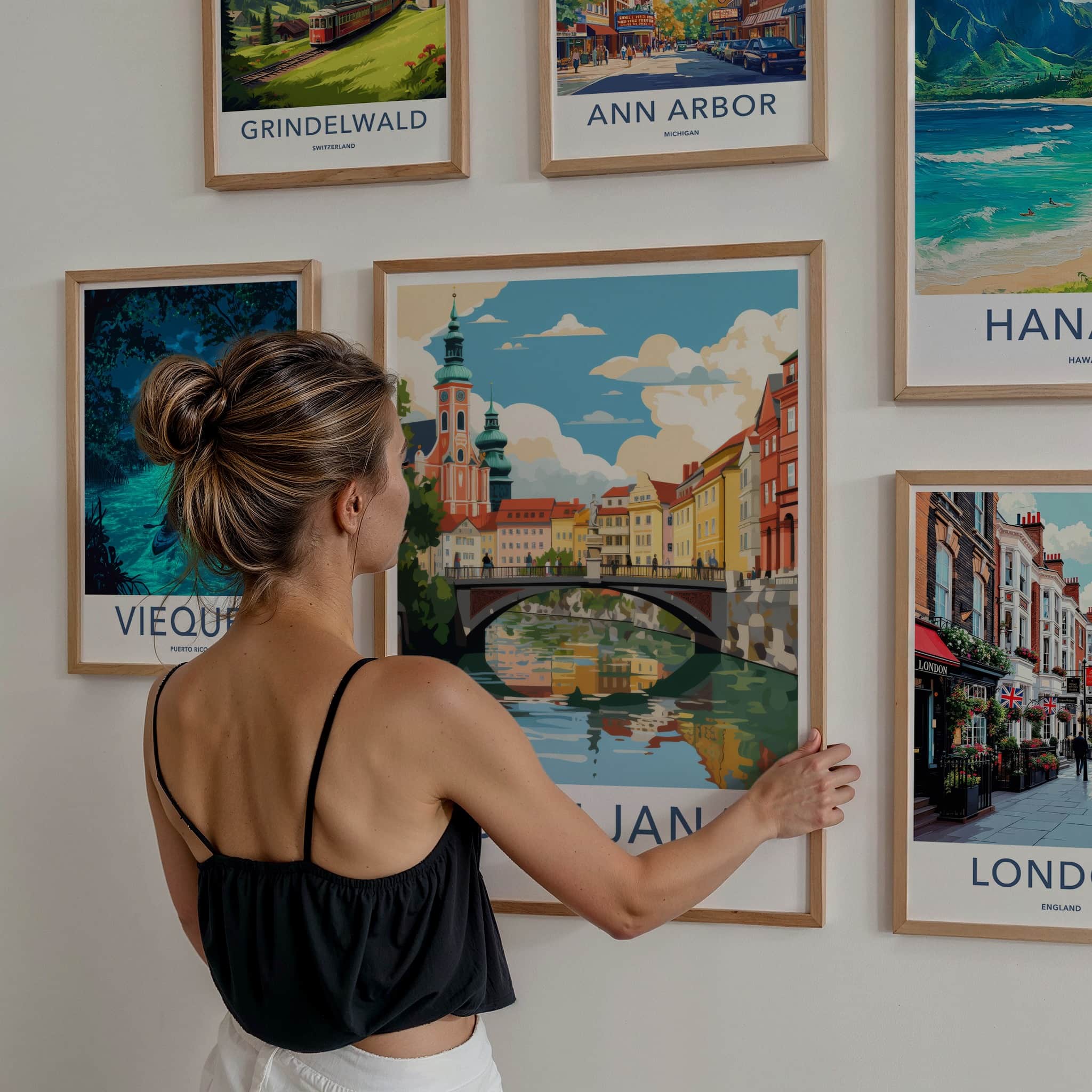 Ljubljana Poster - Slovenia Wall Art - Riverfront Cityscape Scene Home Decor
