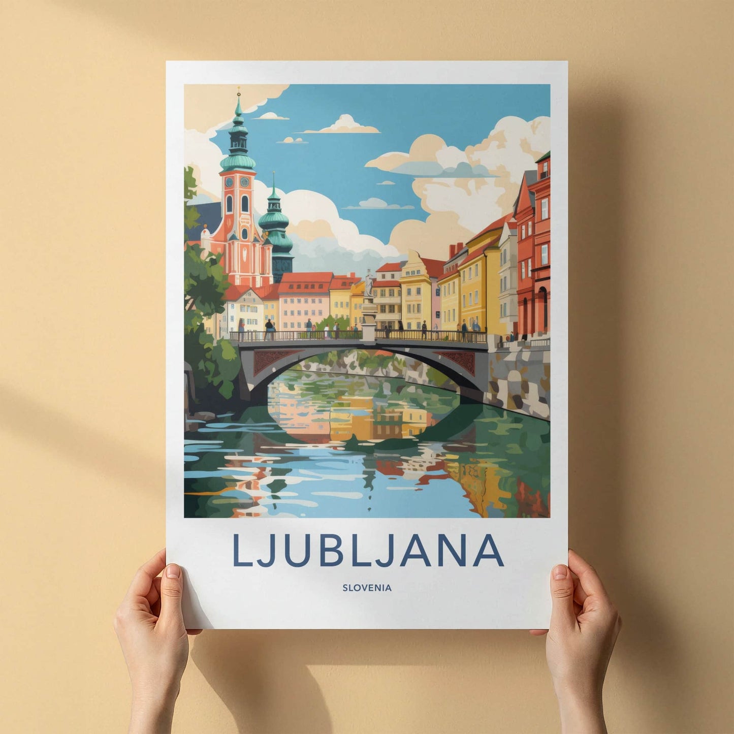 Ljubljana Poster - Slovenia Wall Art - Riverfront Cityscape Scene Home Decor