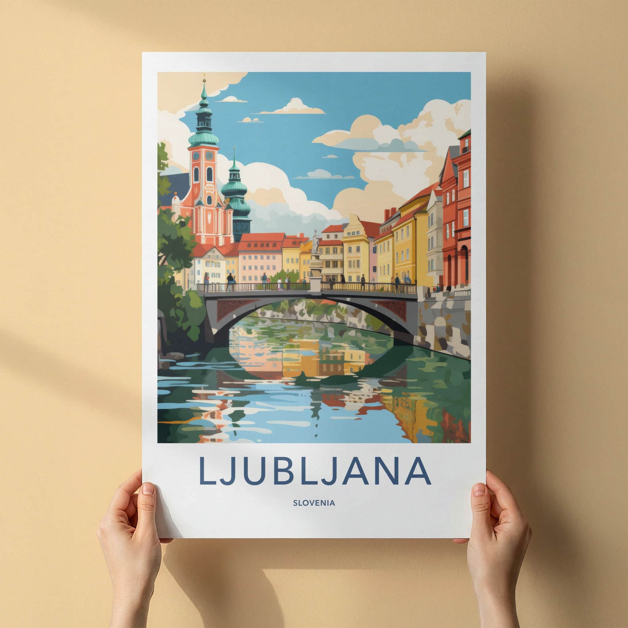 Ljubljana Poster - Slovenia Wall Art - Riverfront Cityscape Scene Home Decor