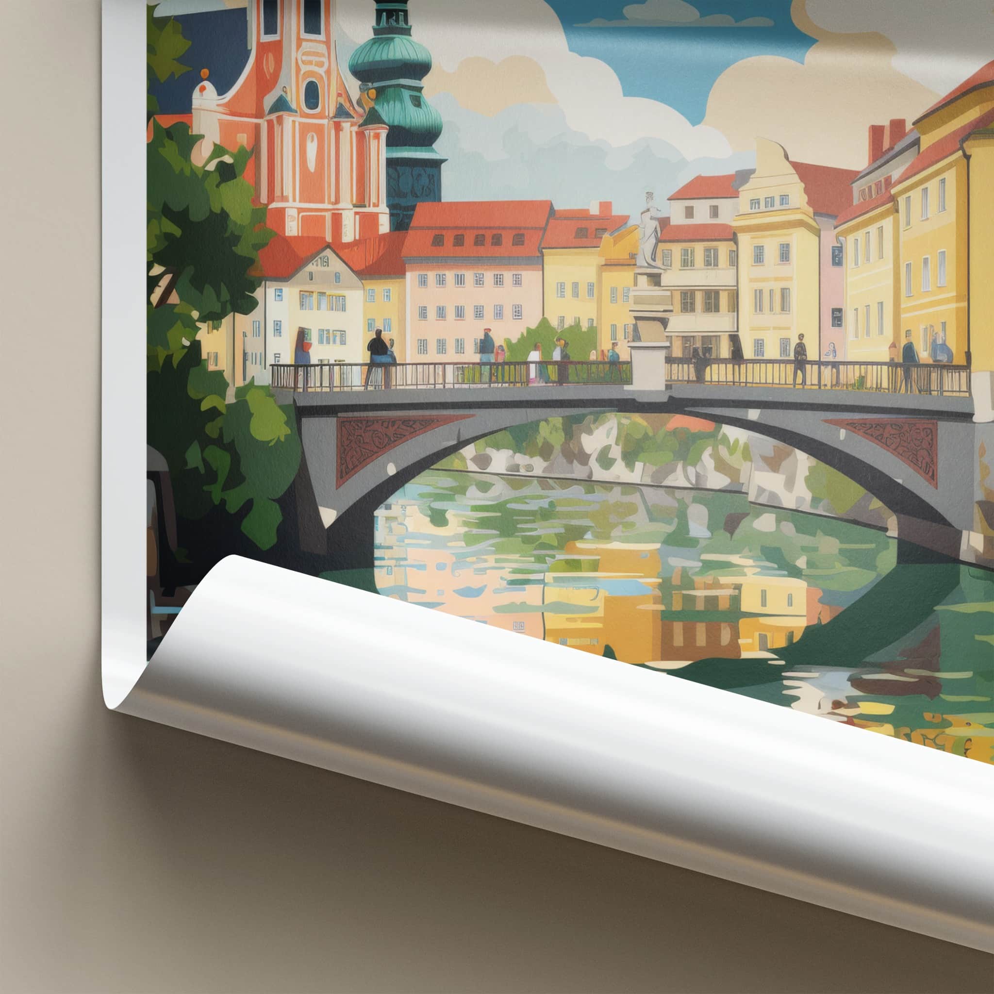 Ljubljana Poster - Slovenia Wall Art - Riverfront Cityscape Scene Home Decor