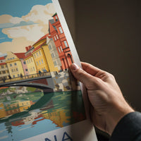 Ljubljana Poster - Slovenia Wall Art - Riverfront Cityscape Scene Home Decor