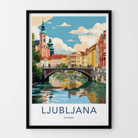 Ljubljana Poster - Slovenia Wall Art - Riverfront Cityscape Scene Home Decor