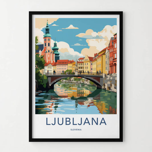 Ljubljana Poster - Slovenia Wall Art - Riverfront Cityscape Scene Home Decor