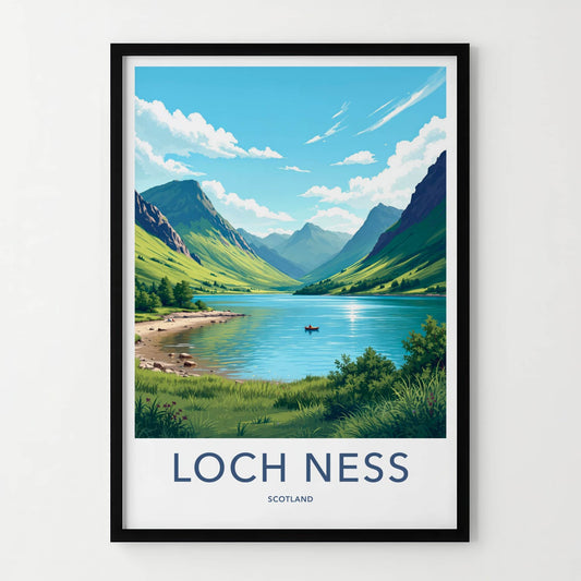 Loch Ness Poster - Scotland Travel Art - Calm Water Mountains Wall Decor