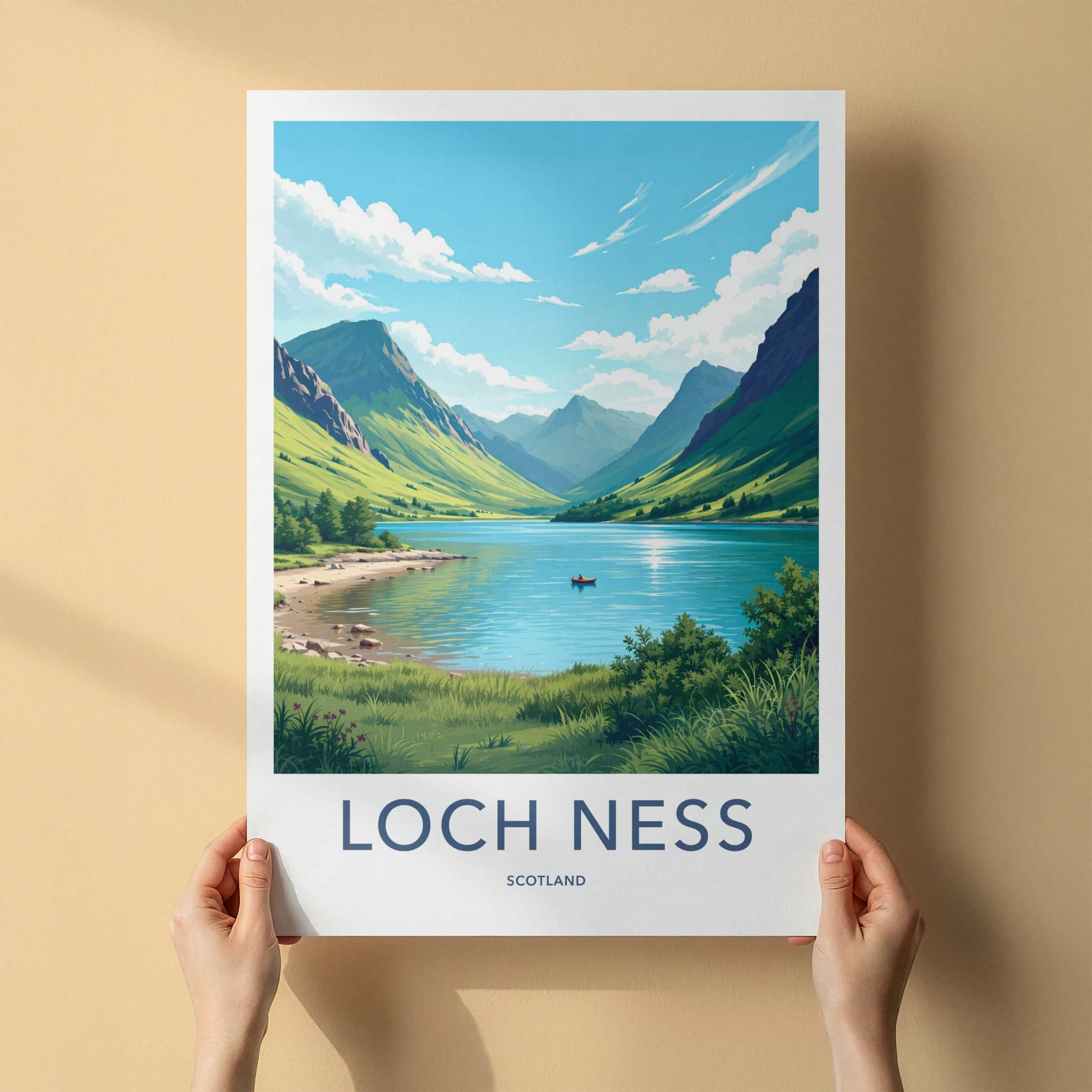 Loch Ness Poster - Scotland Travel Art - Calm Water Mountains Wall Decor