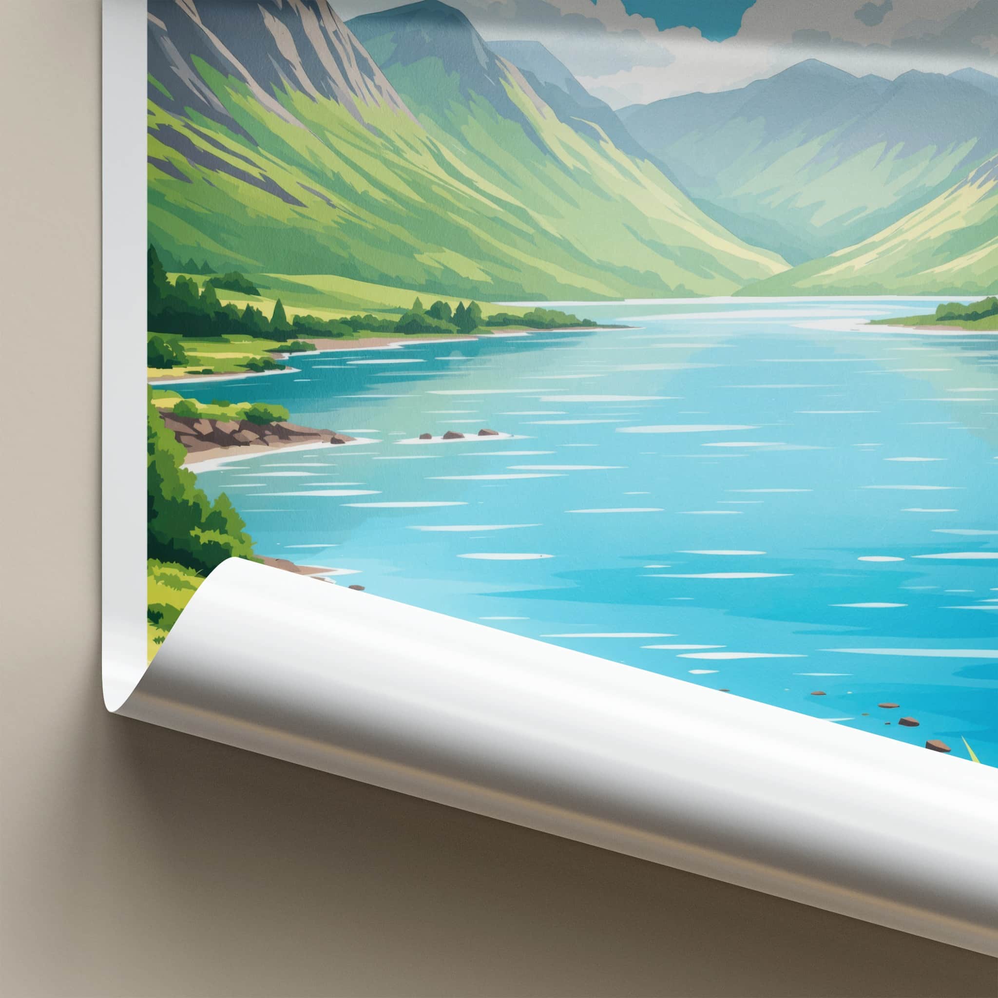 Loch Ness Poster - Scotland Travel Print - Green Mountains Lake Home Decor