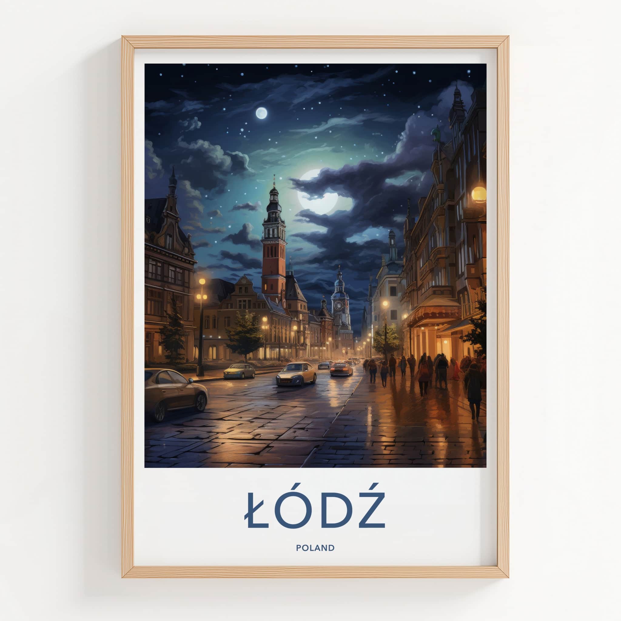 Lodz Poster - Poland Framed Print - Moonlit City Street Lounge Decor