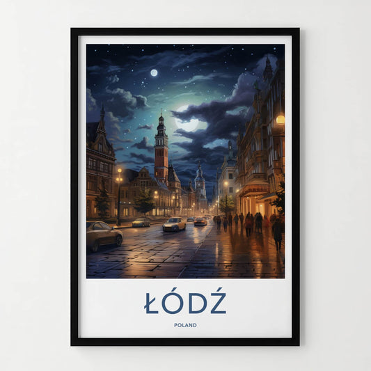 Lodz Poster - Poland Framed Print - Moonlit City Street Lounge Decor
