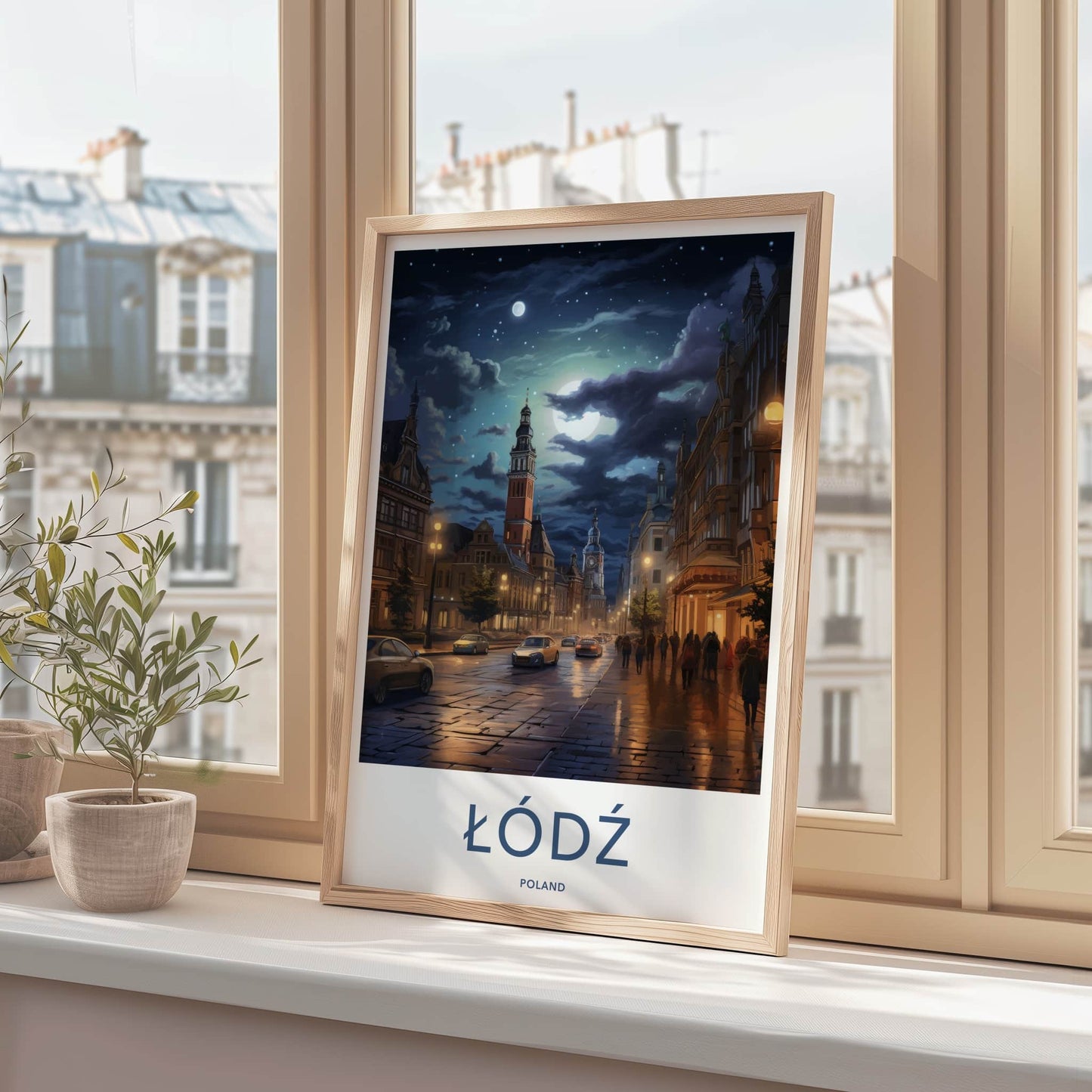 Lodz Poster - Poland Framed Print - Moonlit City Street Lounge Decor