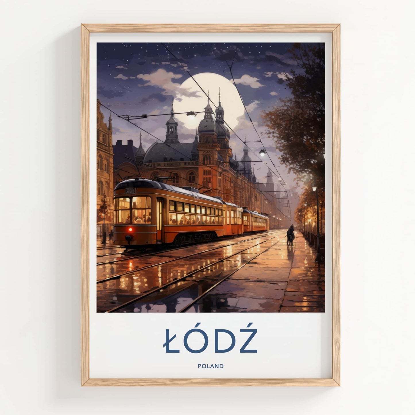 Lodz Poster - Poland Travel Art - Moonlit City Tram Home Decor