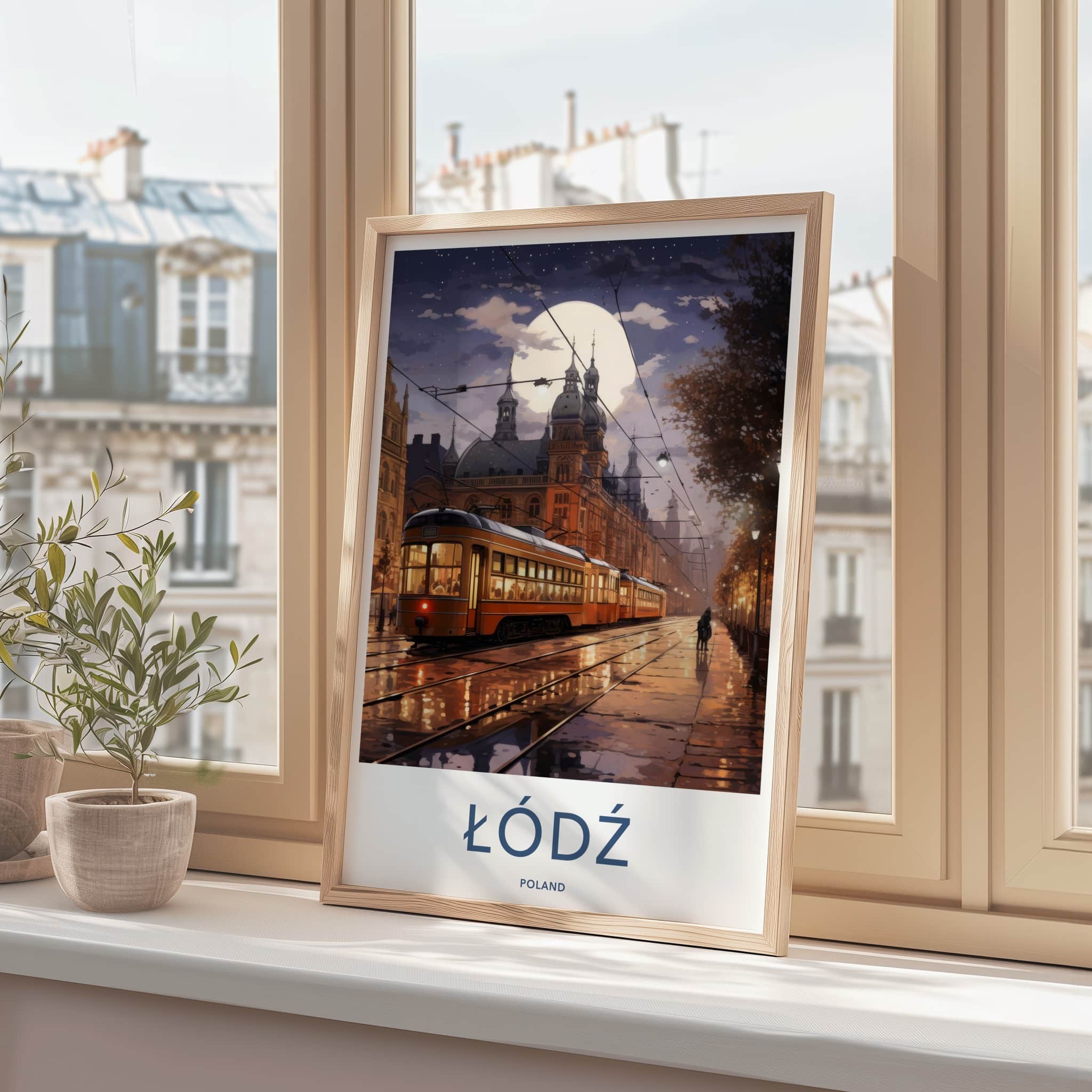 Lodz Poster - Poland Travel Art - Moonlit City Tram Home Decor