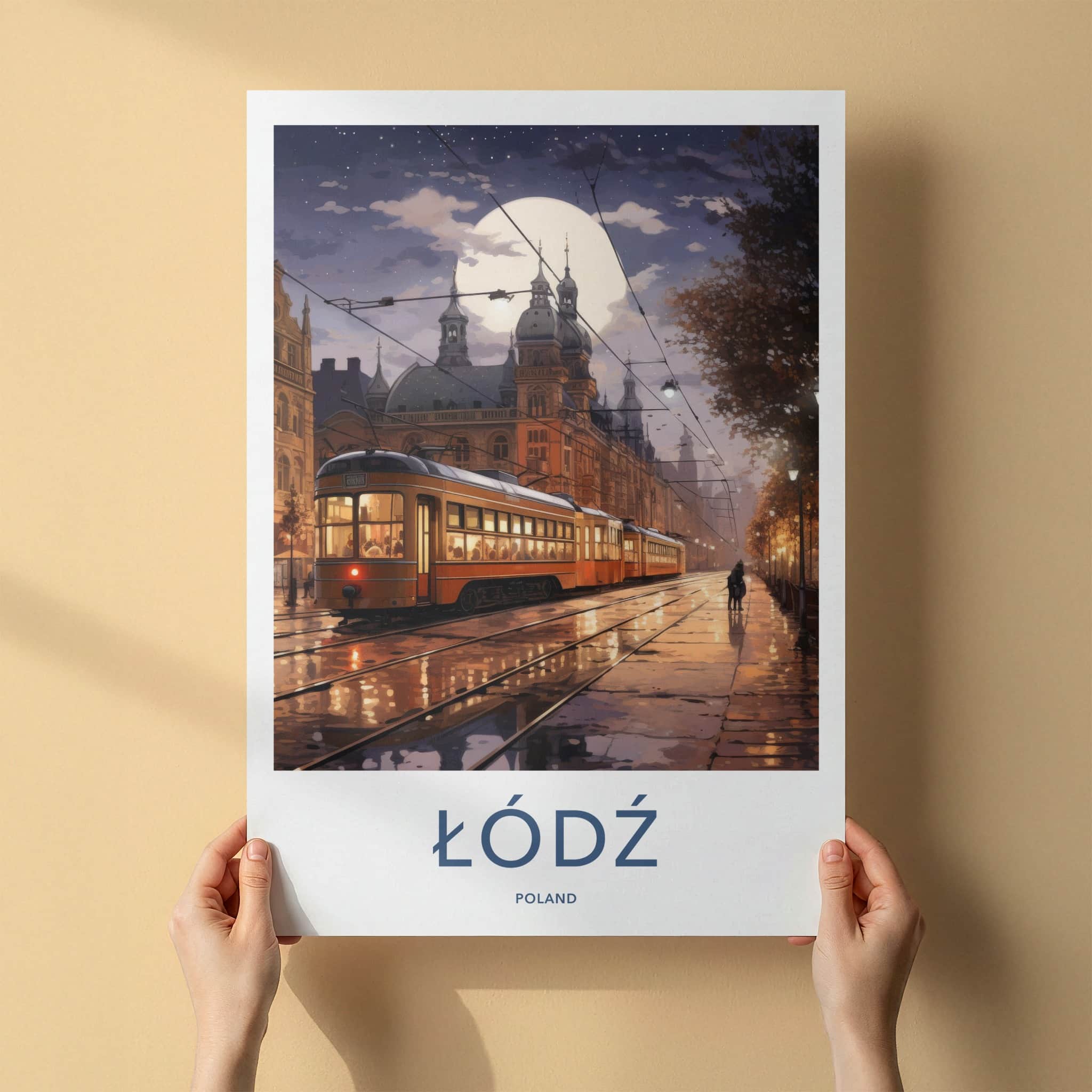 Lodz Poster - Poland Travel Art - Moonlit City Tram Home Decor
