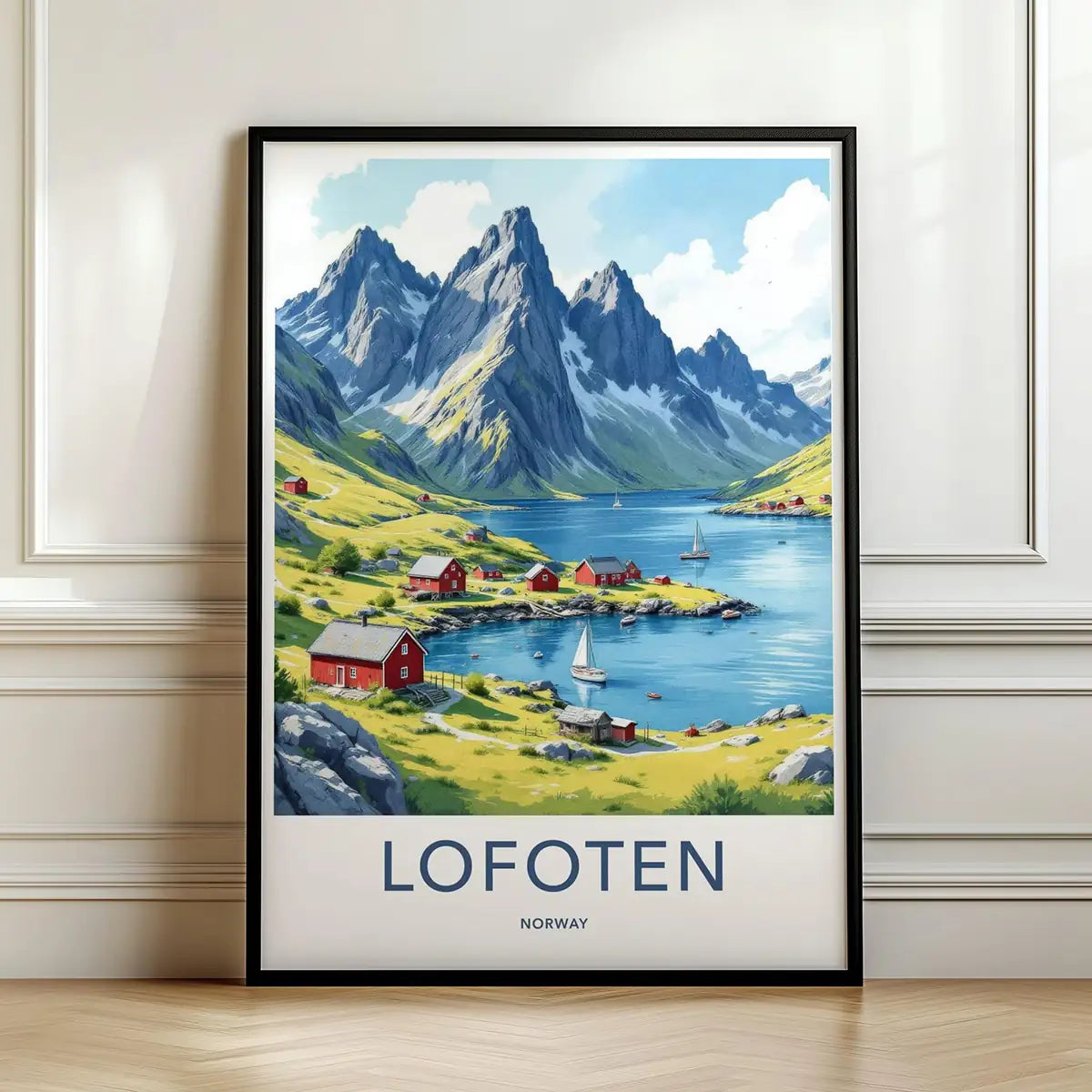 Framed poster of Lofoten, Norway with mountains and red cabins.