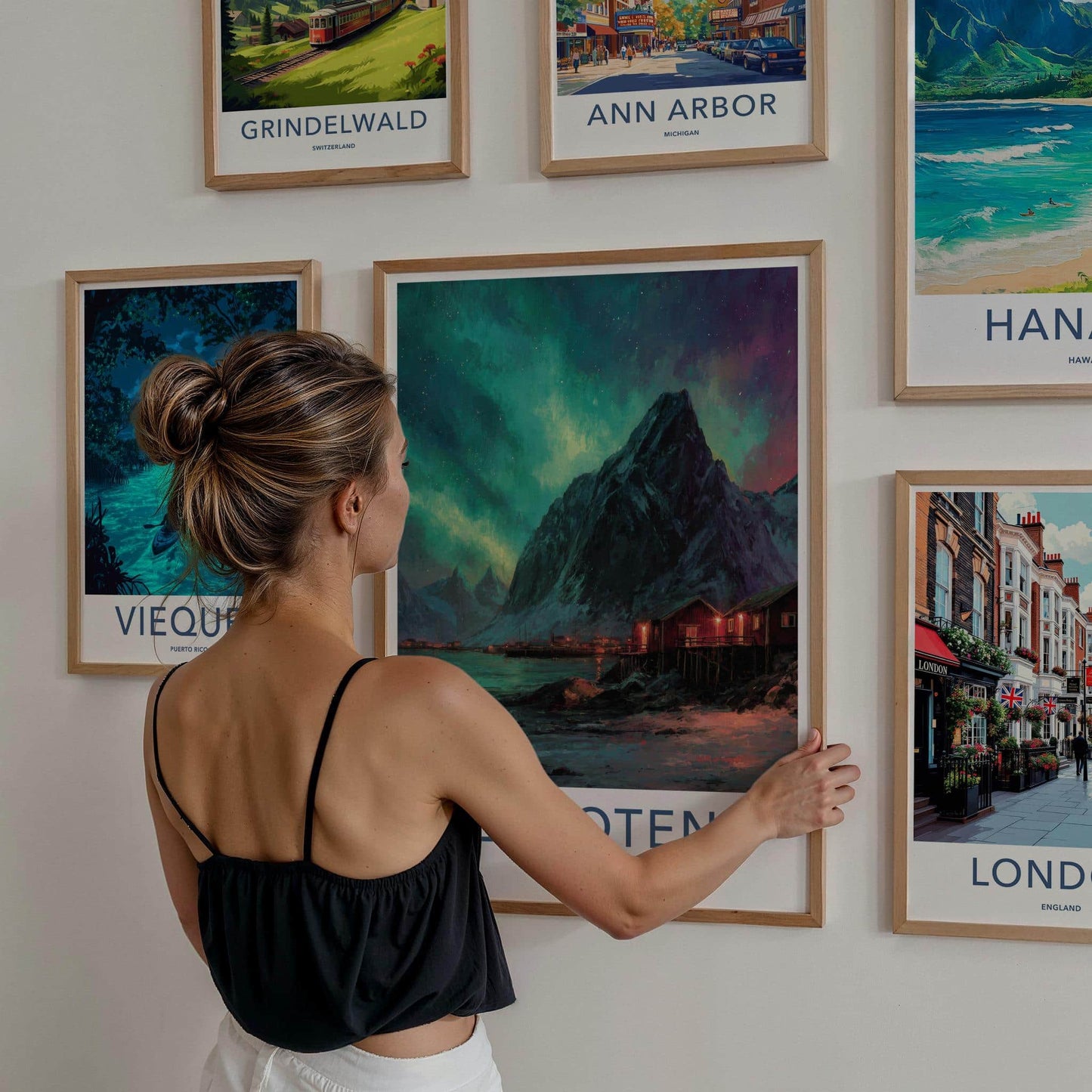 Lofoten Poster - Norway Travel Art - Aurora Mountain Cabins Home Decor