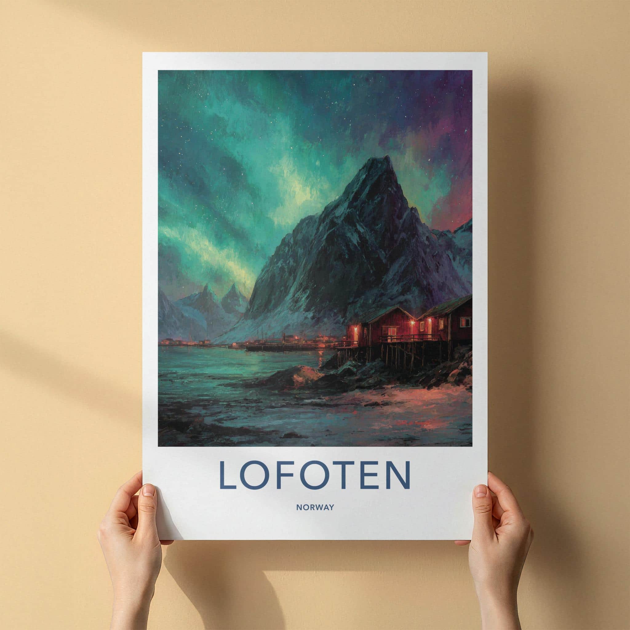 Lofoten Poster - Norway Travel Art - Aurora Mountain Cabins Home Decor