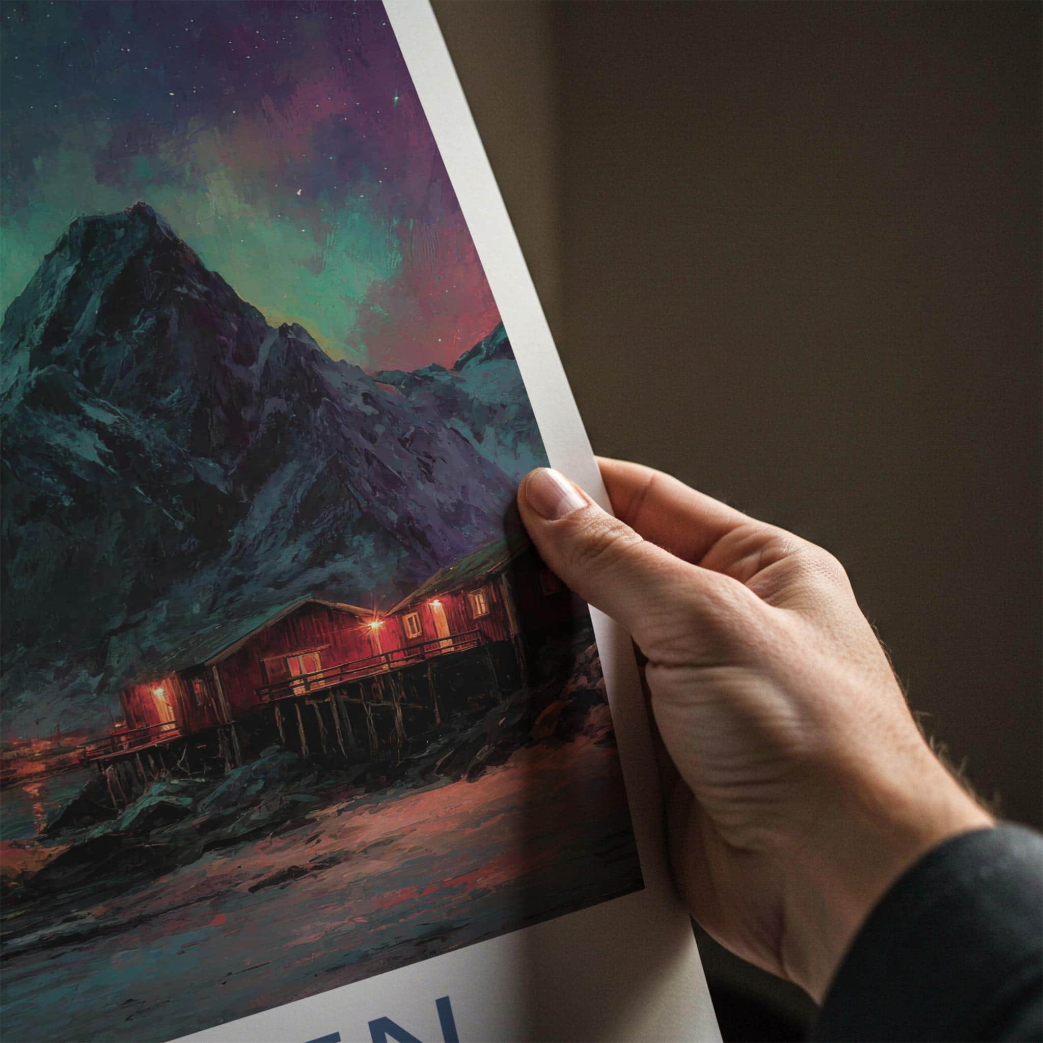 Lofoten Poster - Norway Travel Art - Aurora Mountain Cabins Home Decor