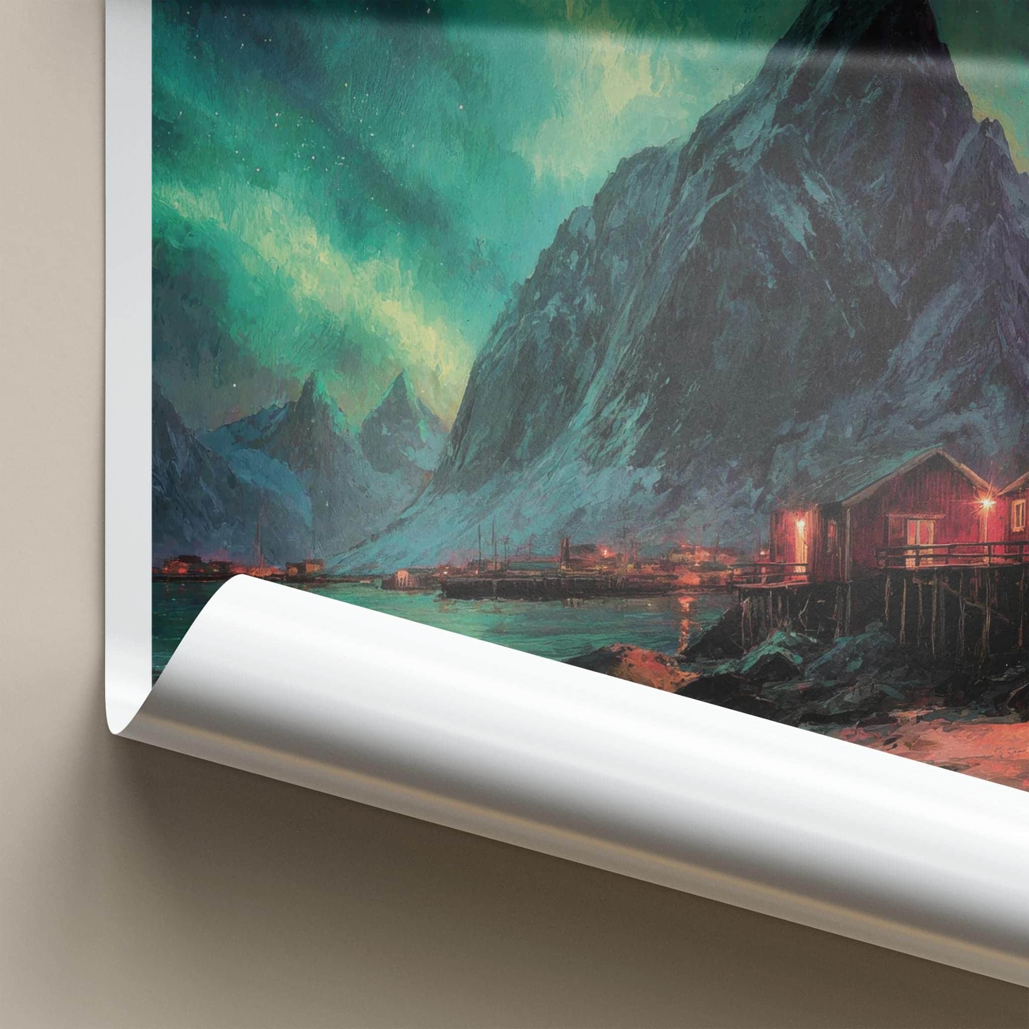Lofoten Poster - Norway Travel Art - Aurora Mountain Cabins Home Decor