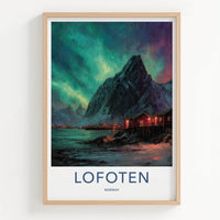 Lofoten Poster - Norway Travel Art - Aurora Mountain Cabins Home Decor