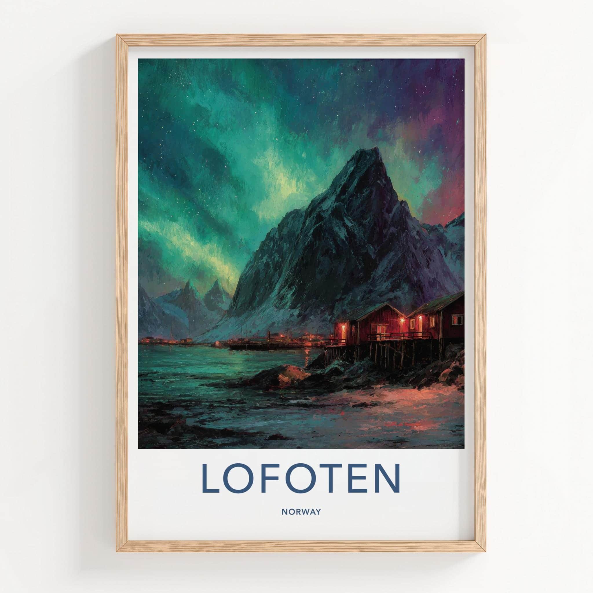 Lofoten Poster - Norway Travel Art - Aurora Mountain Cabins Home Decor