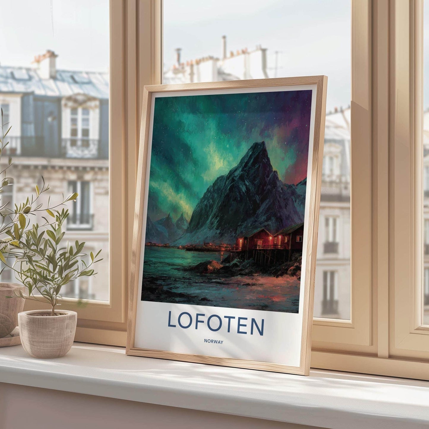 Lofoten Poster - Norway Travel Art - Aurora Mountain Cabins Home Decor