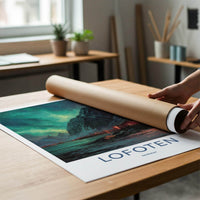 Lofoten Poster - Norway Travel Art - Aurora Mountain Cabins Home Decor