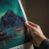Lofoten Poster - Norway Travel Art - Aurora Mountain Huts Home Decor