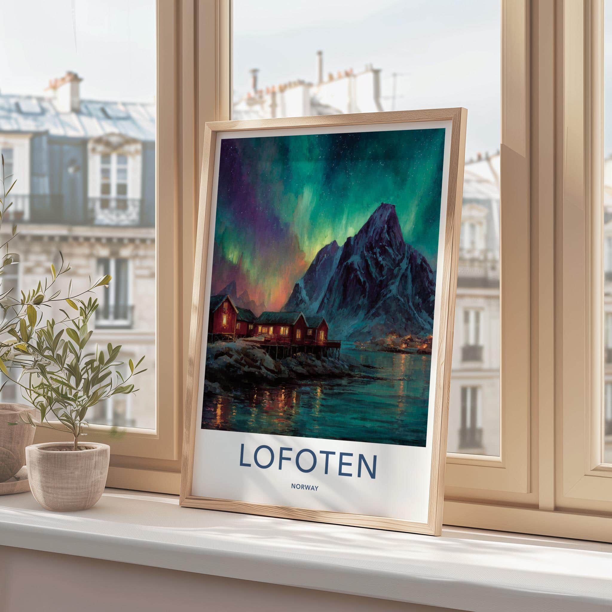 Lofoten Poster - Norway Travel Art - Aurora Mountain Huts Home Decor