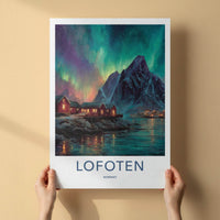 Lofoten Poster - Norway Travel Art - Aurora Mountain Huts Home Decor