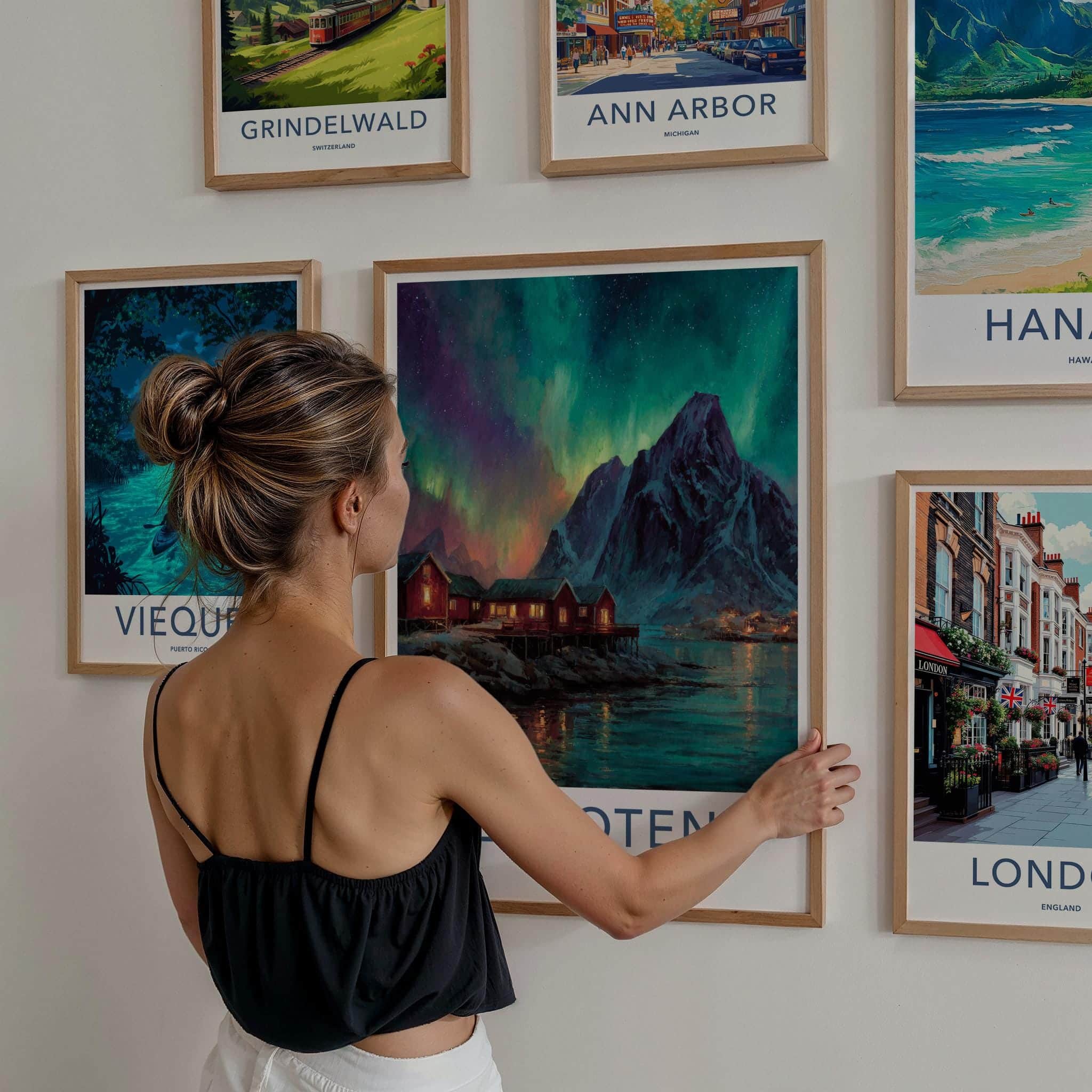 Lofoten Poster - Norway Travel Art - Aurora Mountain Huts Home Decor