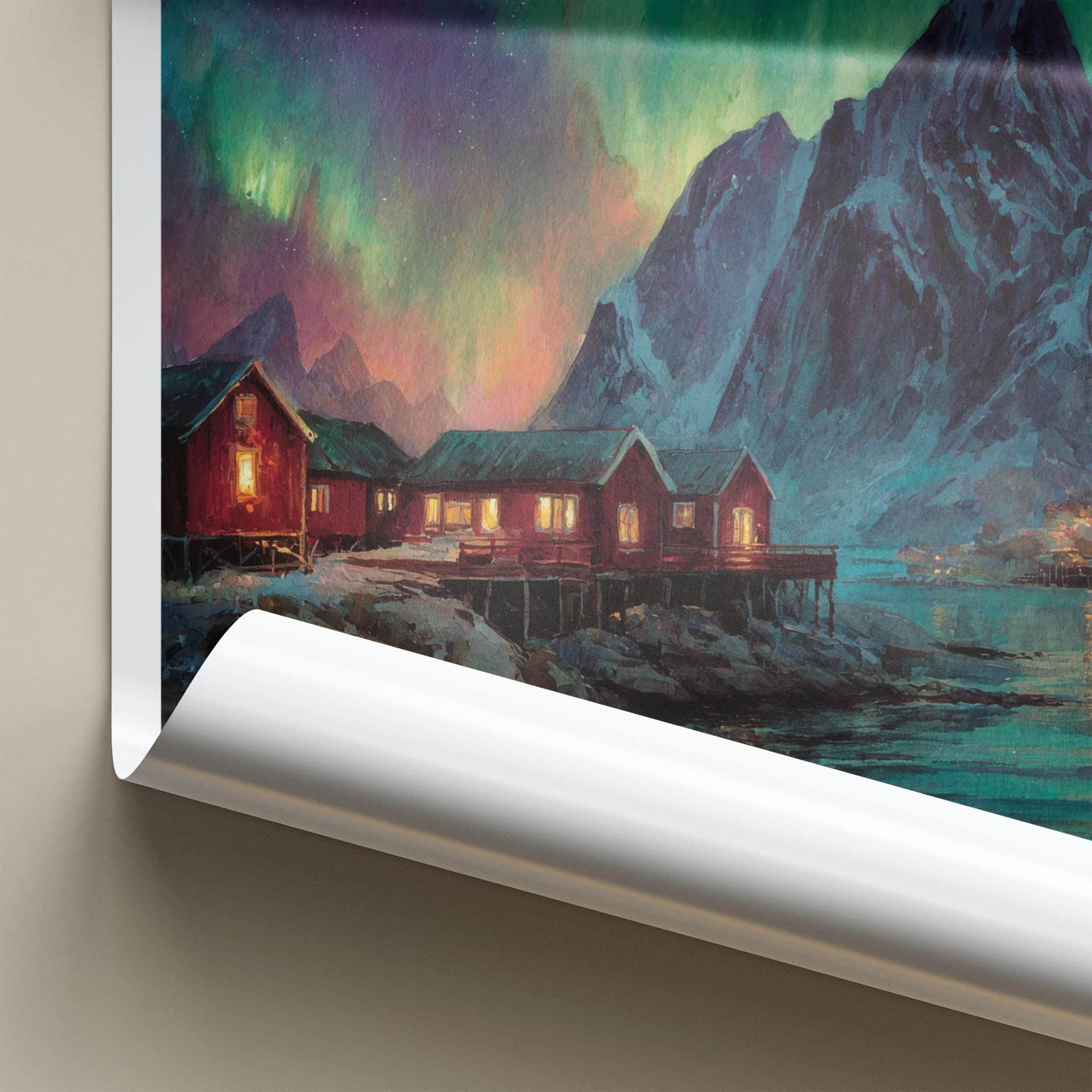 Lofoten Poster - Norway Travel Art - Aurora Mountain Huts Home Decor