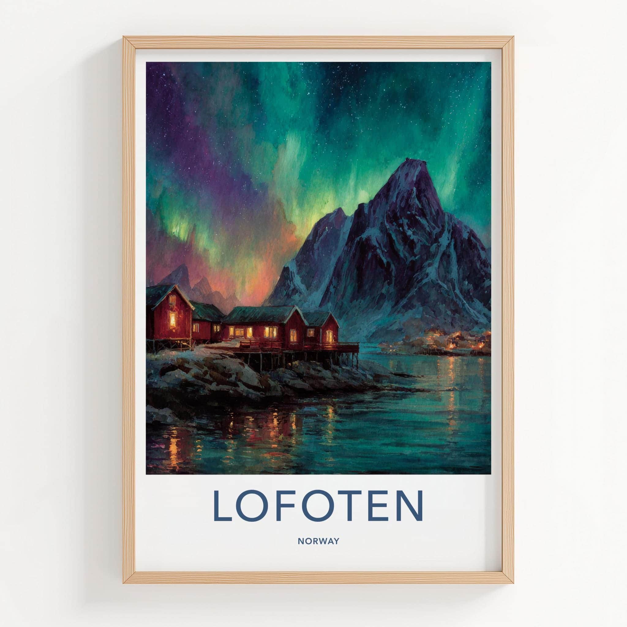 Lofoten Poster - Norway Travel Art - Aurora Mountain Huts Home Decor