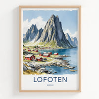 Lofoten Poster - Norway Travel Art - Coastal Mountain Village Home Decor