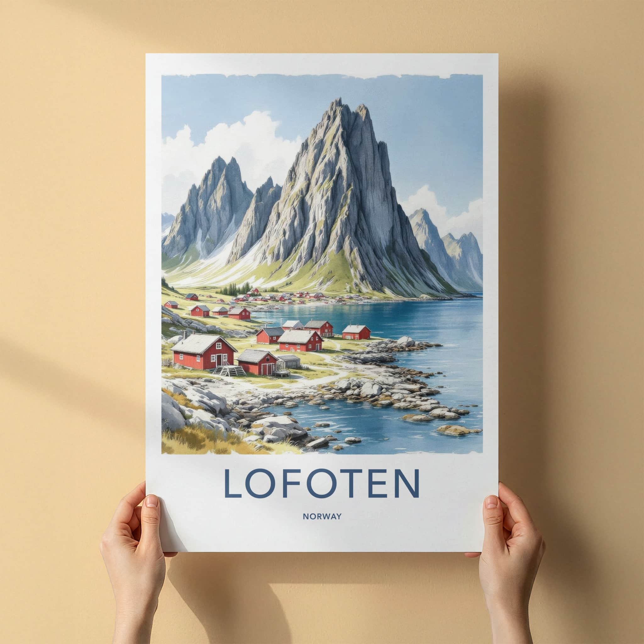 Lofoten Poster - Norway Travel Art - Coastal Mountain Village Home Decor
