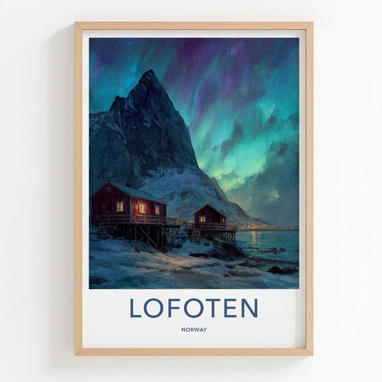 Lofoten Poster - Norway Travel Art - Red Cabins Aurora Home Decor