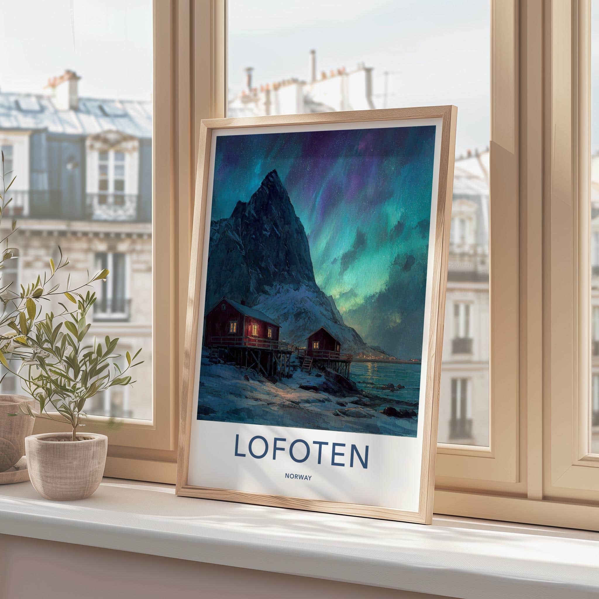 Lofoten Poster - Norway Travel Art - Red Cabins Aurora Home Decor